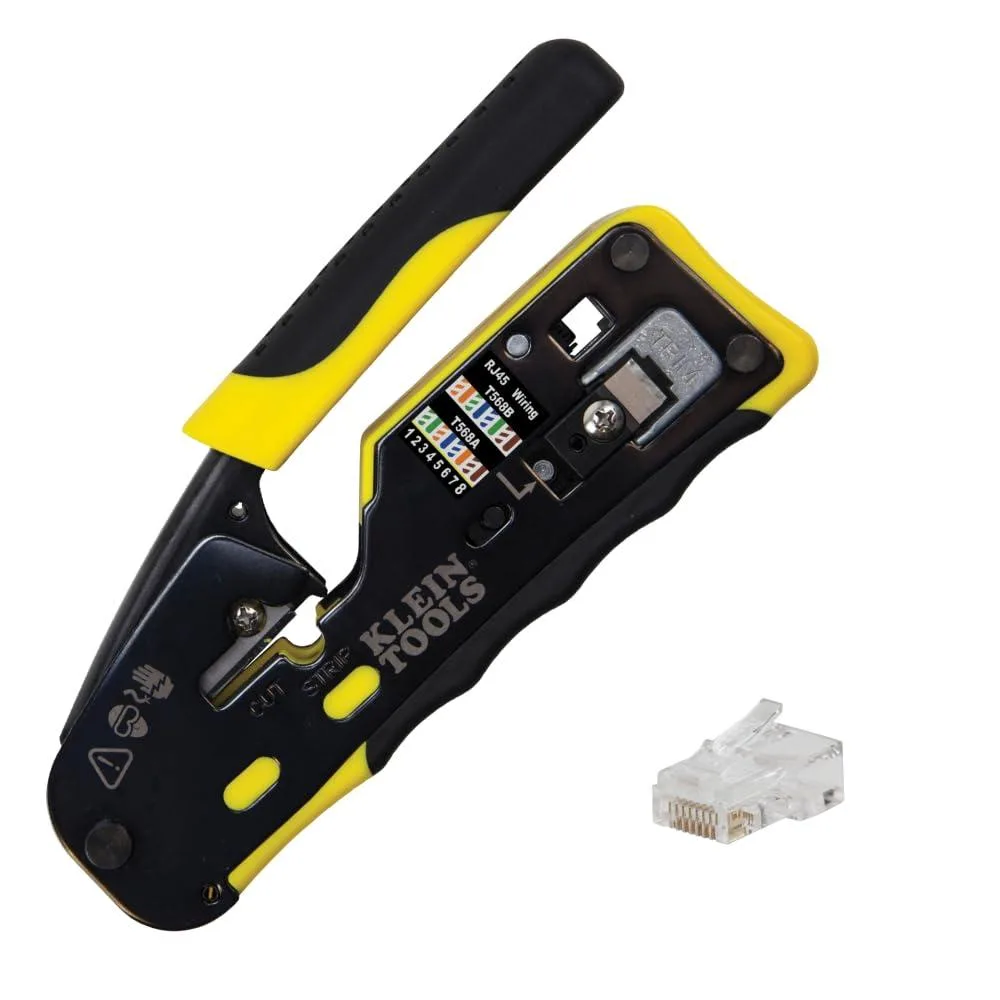 Red ratcheting crimper with on-tool wiring guide and fifty CAT6 pass-thru plugs in kit
