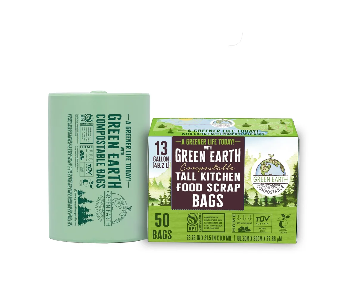 Green compostable kitchen bags, 50-count pack, 13 gallon capacity