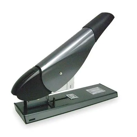 Black and gray manual stapler, metal and plastic body, top-loading design