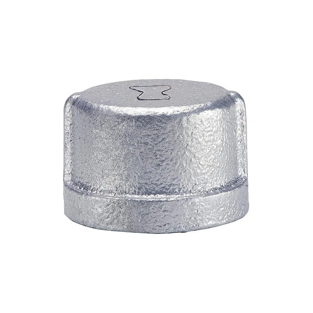 Galvanised malleable iron pipe cap, 2-1/2 inch FNPT, silver-grey threaded finish