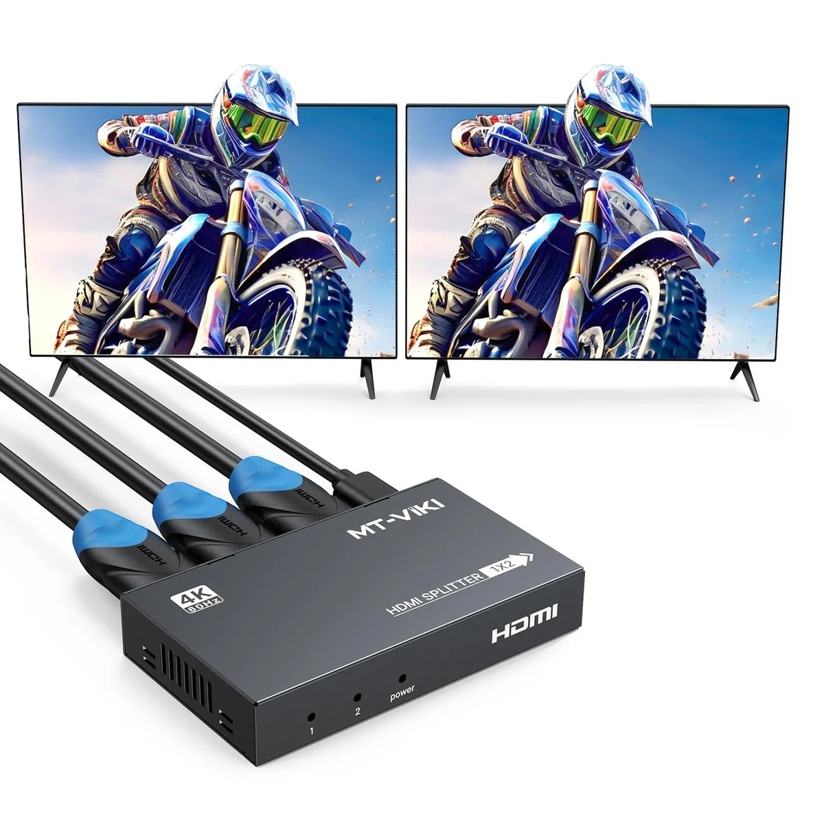 Small black metal box with three HDMI ports on one side and power socket on the other