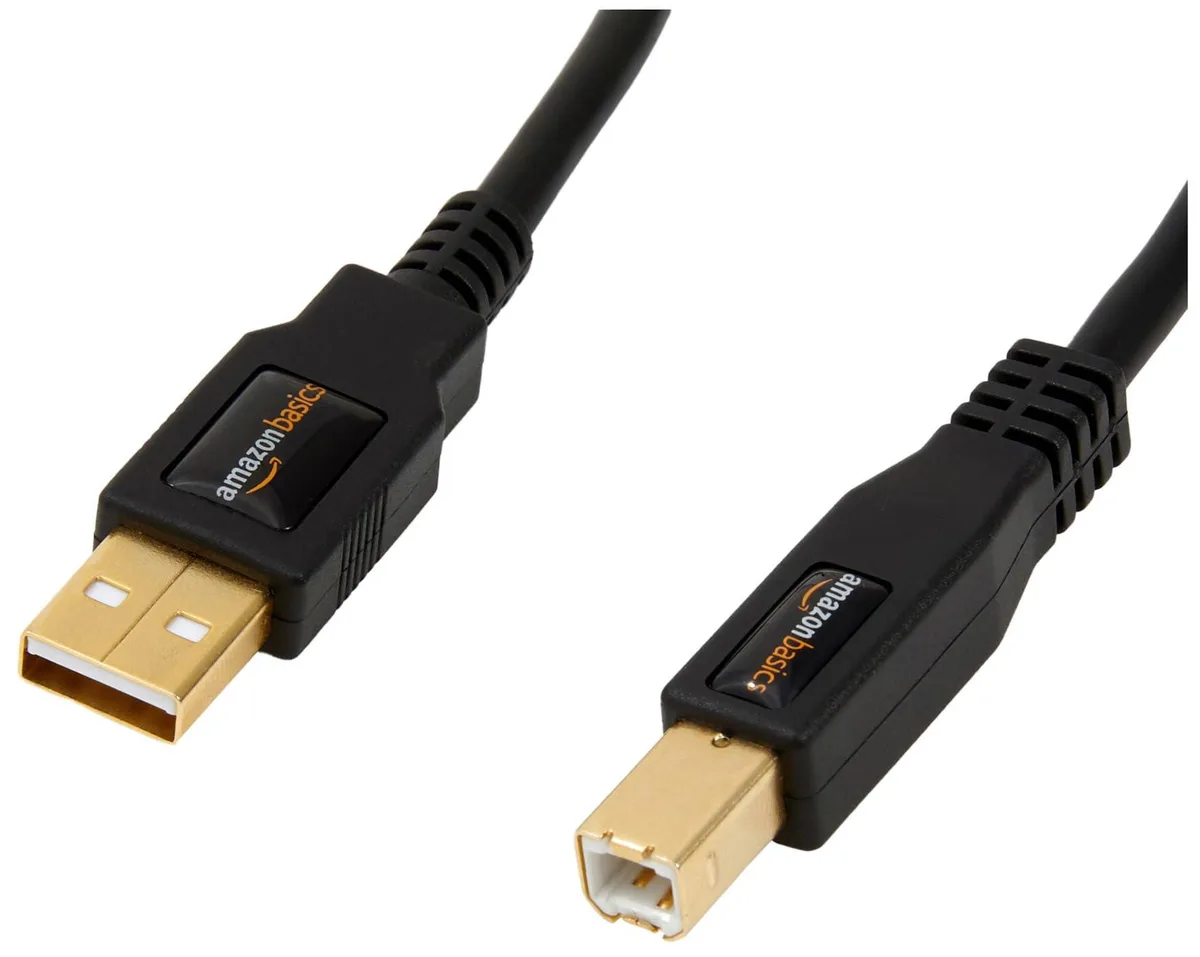 Black USB 2.0 A to B male cable, 16 ft, gold-plated connectors