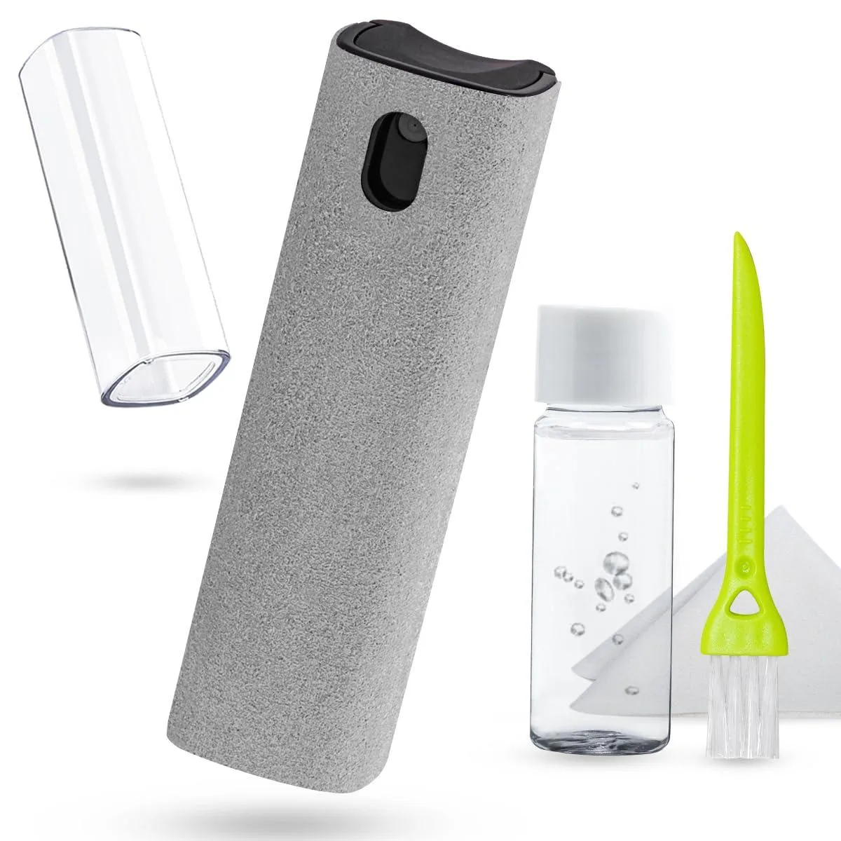 Light grey spray bottle with cloth cover and accessories