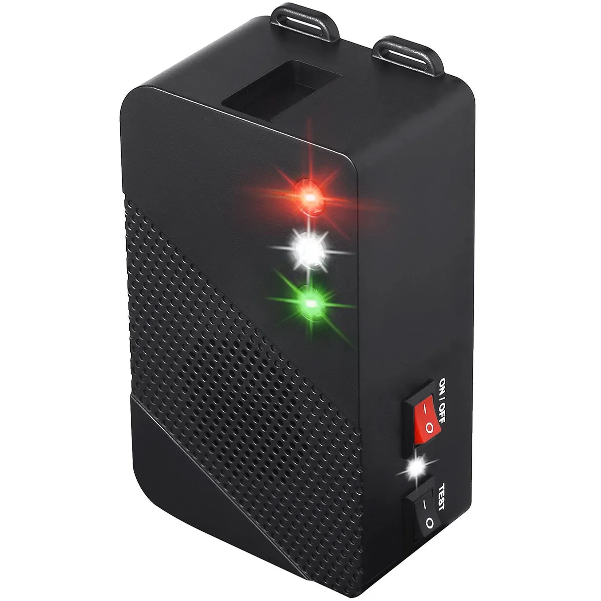Small black rectangular pest repeller with speaker grille and mode switch