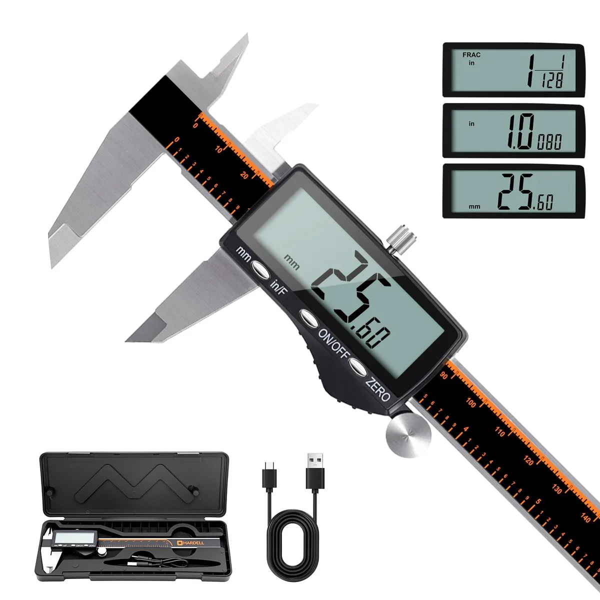 Stainless steel digital caliper with large LCD screen and USB-C charging port