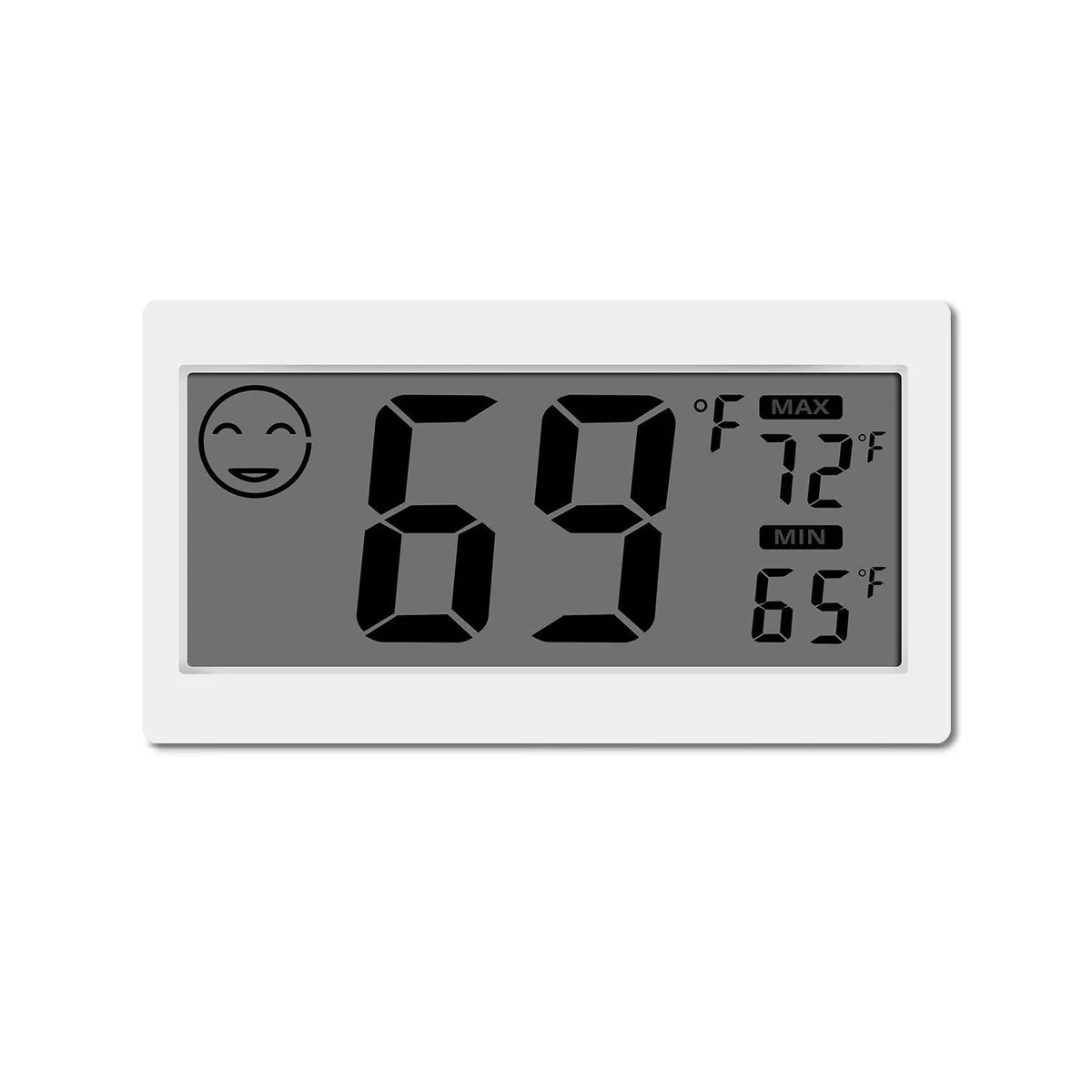 White rectangular digital thermometer hygrometer with large LCD screen showing temperature and humidity readings