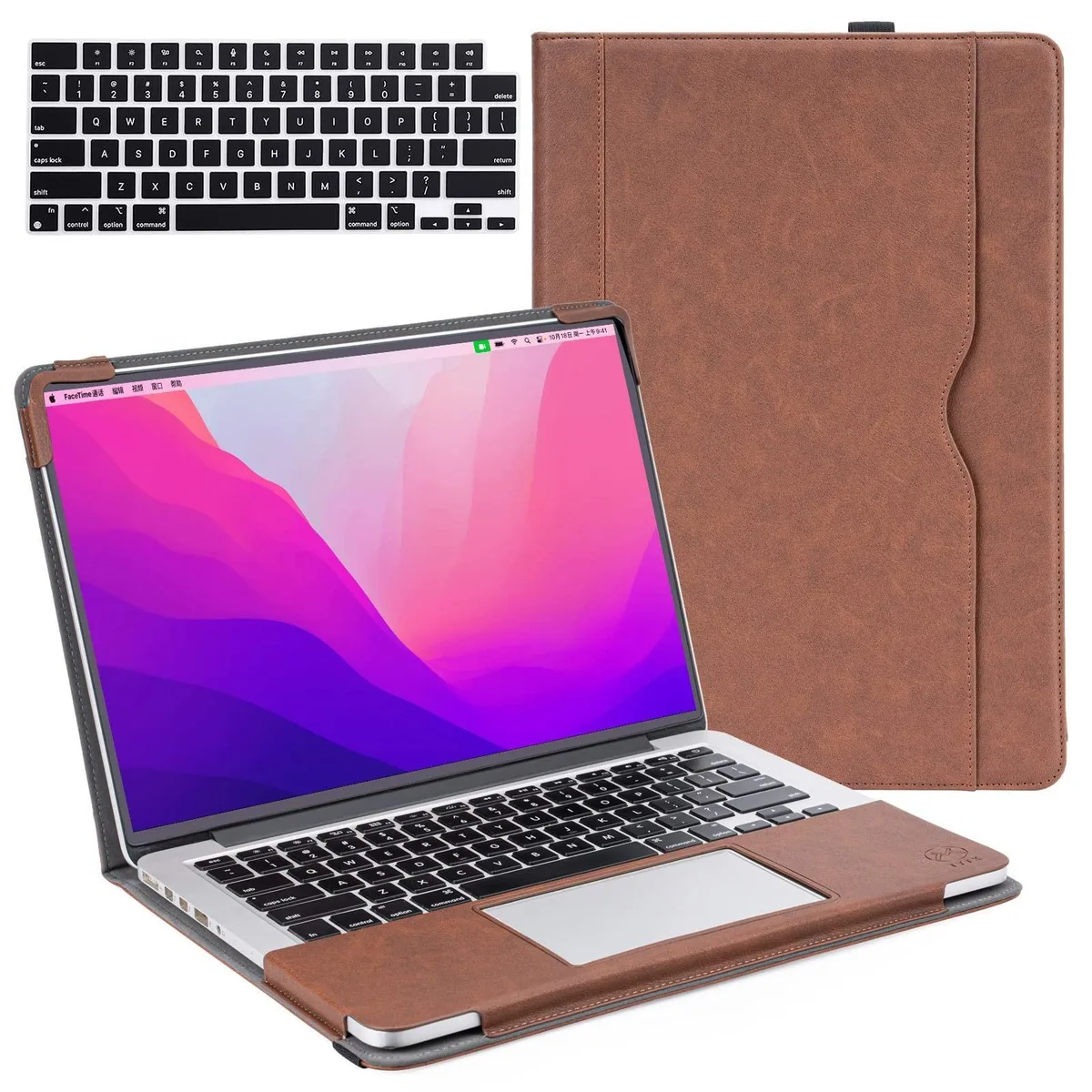 Dark brown leather folio cover for 14 inch MacBook Pro, book style with pen holder