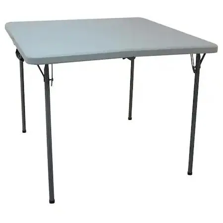 Square gray folding table 36 inches wide 28 inches high blow molded polyethylene top steel frame bullnose edge