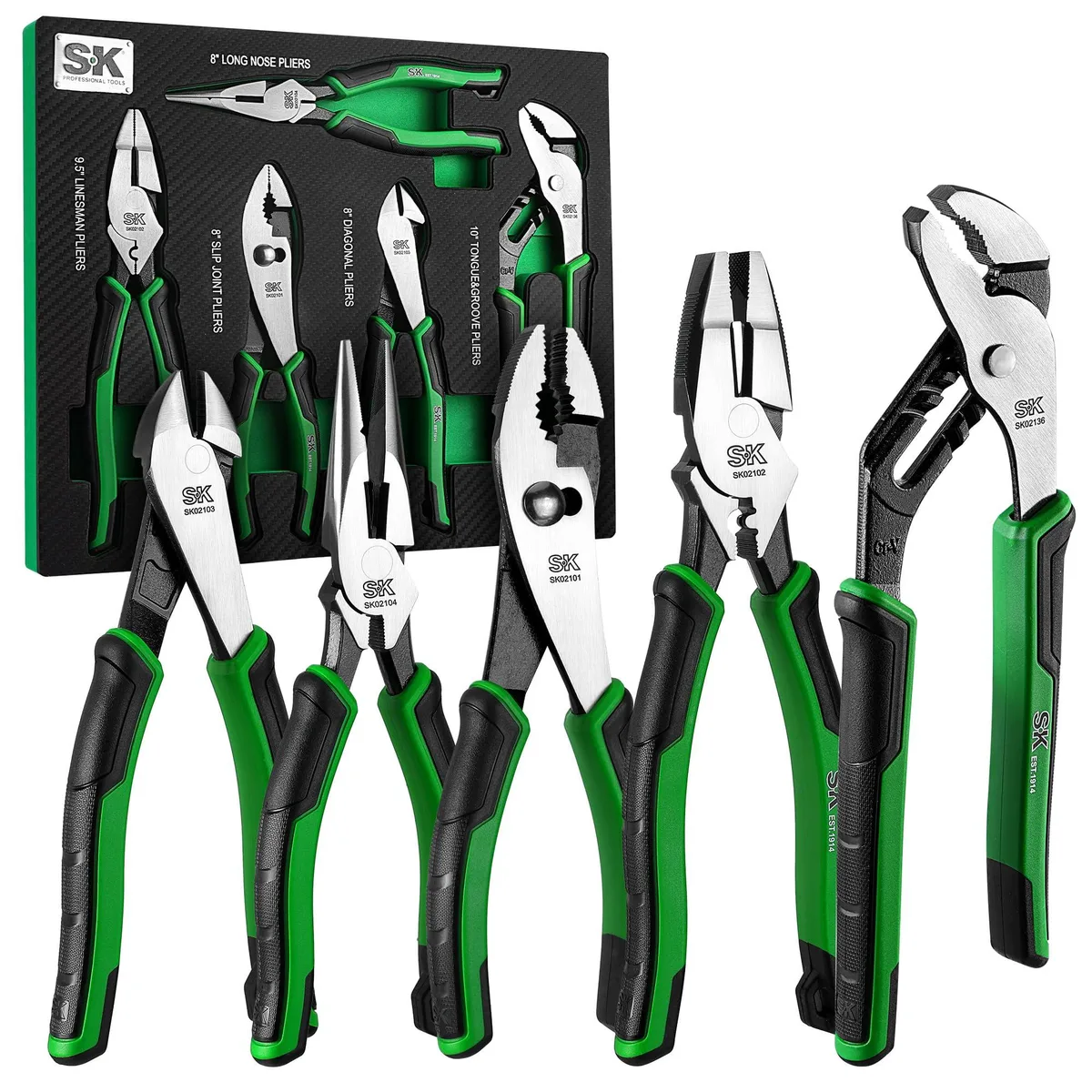Five pliers in blue EVA foam organiser, green rubber handles