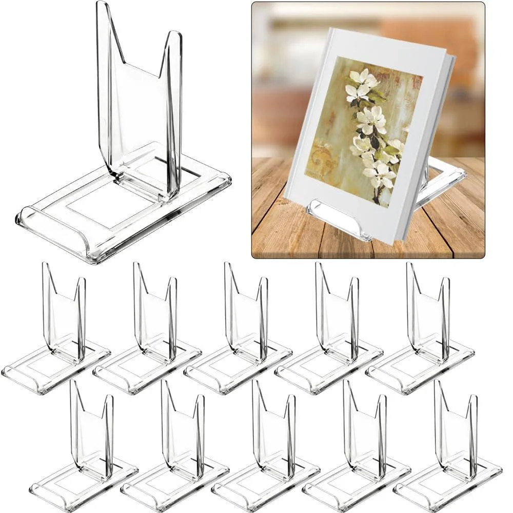 Ten clear acrylic easel stands with adjustable back supports, each 4.2 by 4.3 by 2.35 inches