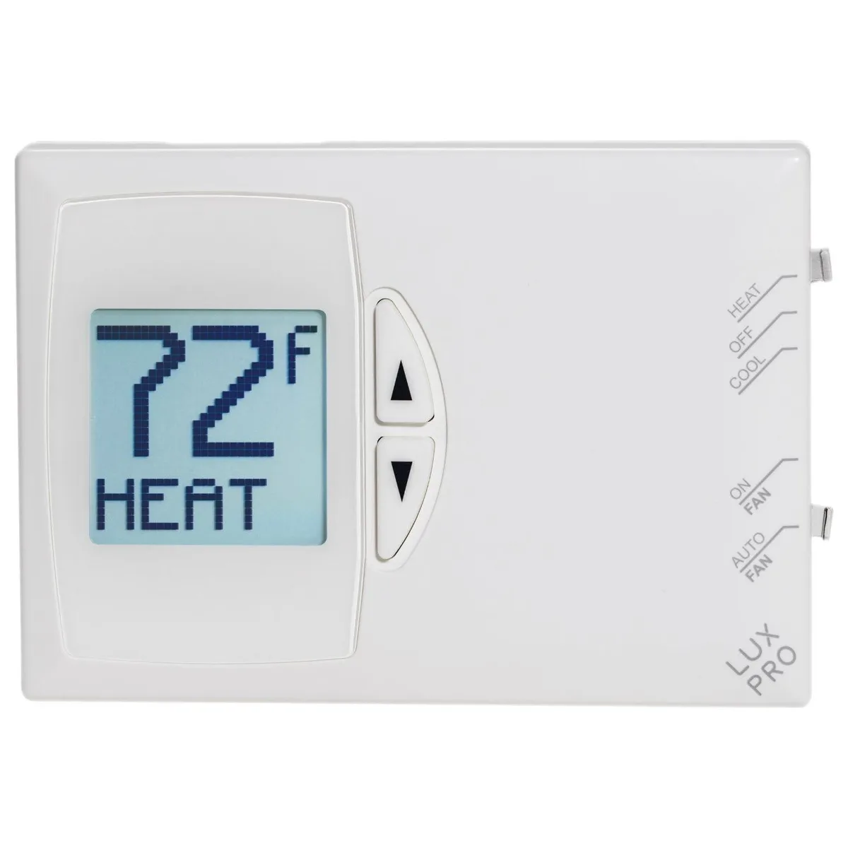 White rectangular thermostat with push buttons, wall-mount, 12 pack