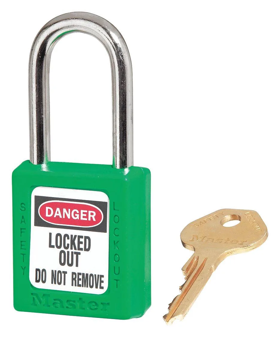 Green thermoplastic padlock with metal shackle, 1 1/2 inch body width