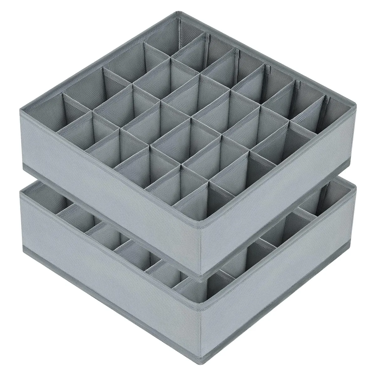 Two grey fabric drawer organizers with 24 square cells each, folded flat showing zippered base