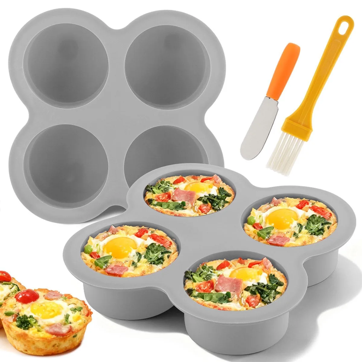 Two round silicone trays, four cups each, with spatula and brush