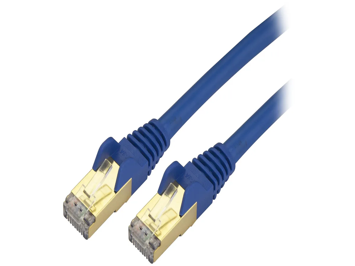 Blue shielded Cat6a Ethernet cable with snagless RJ45 connectors, 15 ft long