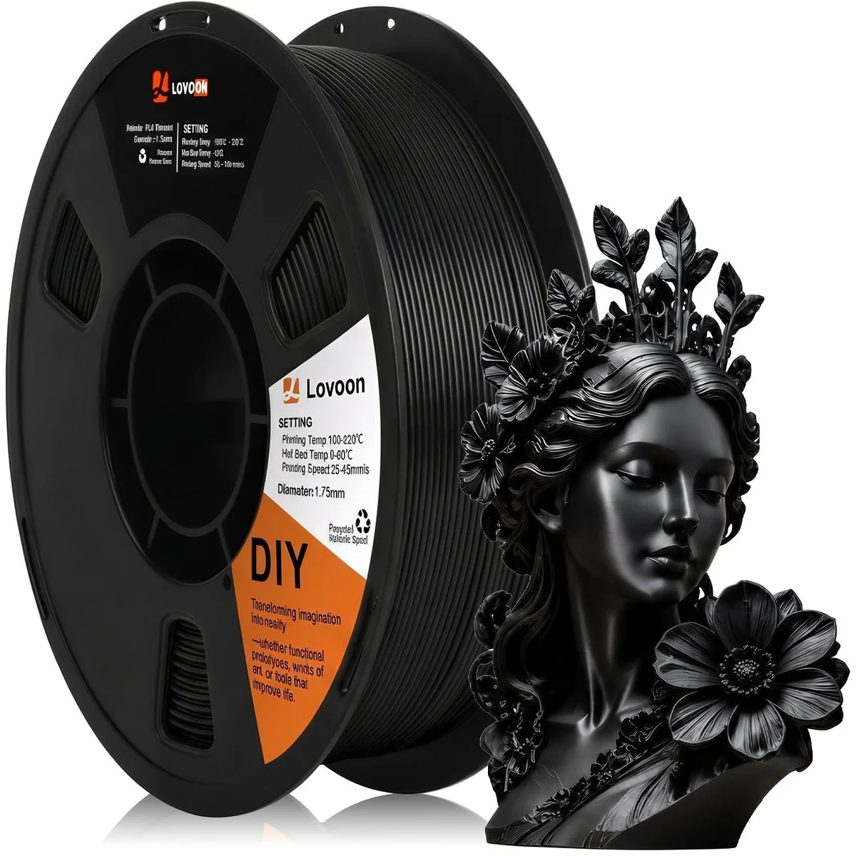 Black PLA filament spool, 1.75mm diameter, vacuum-sealed with desiccant