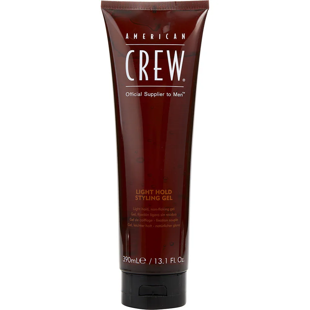 White plastic tube with flip-top cap labelled American Crew Light Hold Styling Gel 13.1 oz