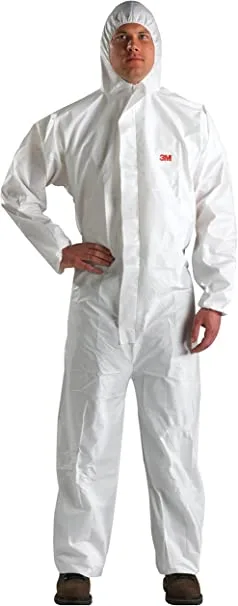 White hooded disposable coverall with elastic cuffs and ankles, front zipper closure, microporous laminate fabric
