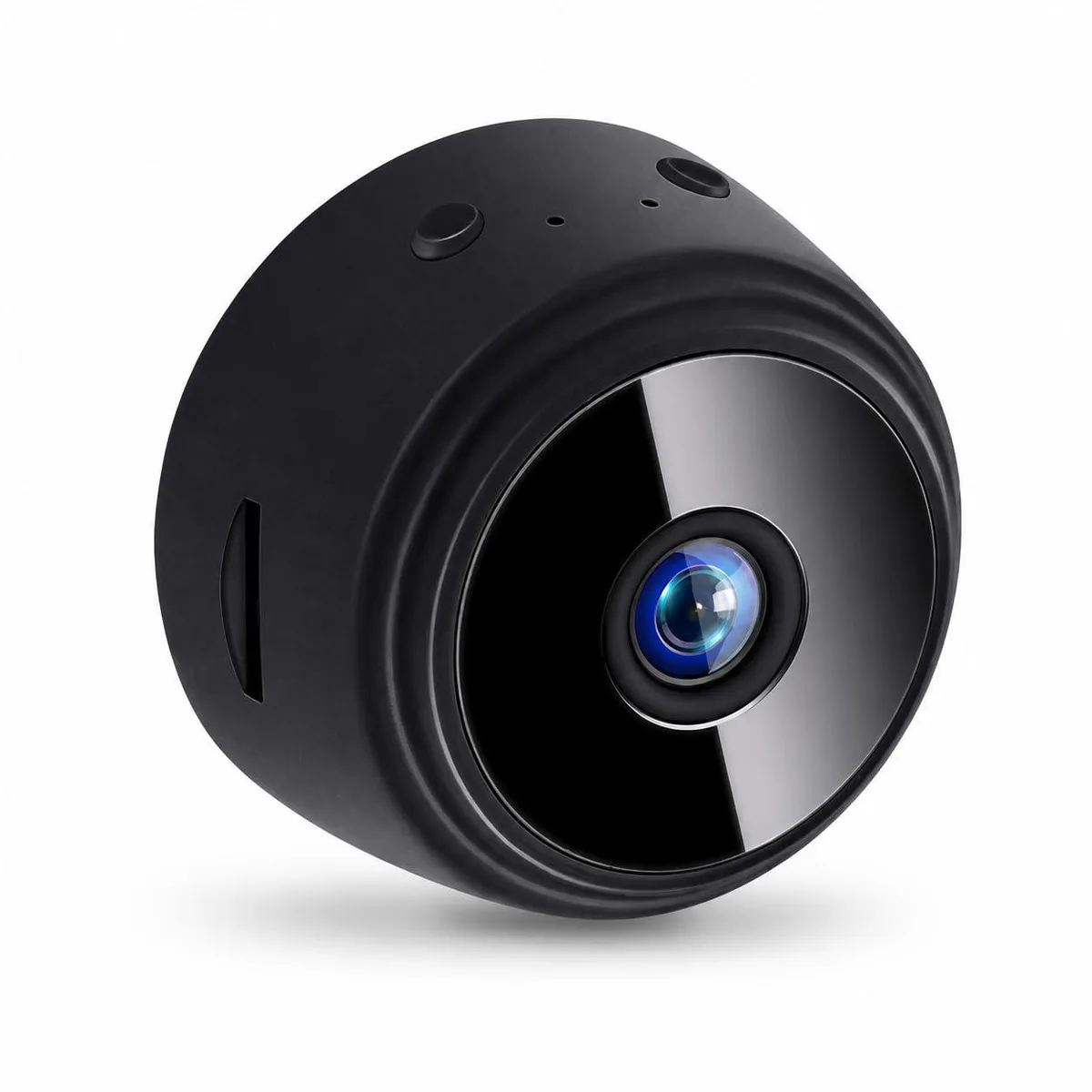 Small white indoor camera with magnetic base and USB cable