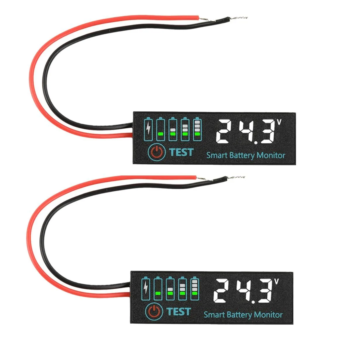 Two small white rectangular LED voltage testers side by side