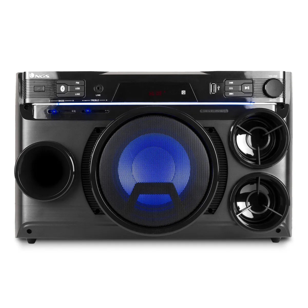 Rectangular 2.1 portable speaker with LED display, remote, FM radio, USB port and 3.5 mm aux input