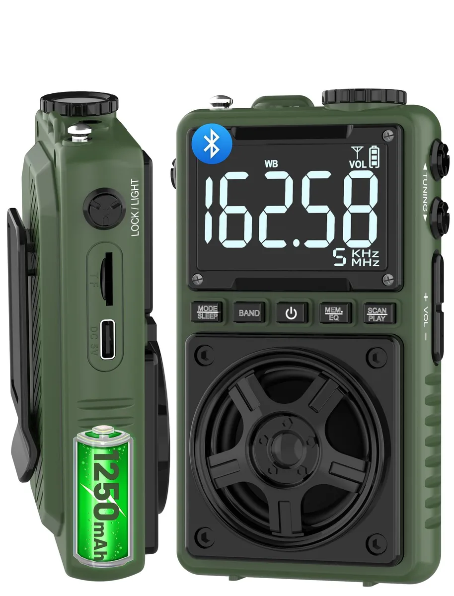 Compact rectangular pocket radio, matte dark finish, front speaker grille, side knobs and ports