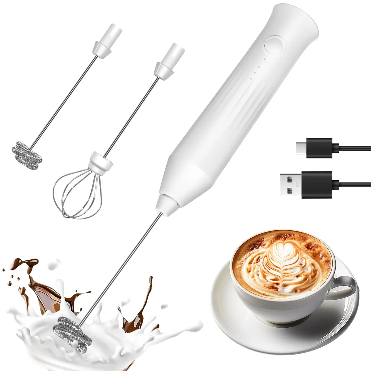 Brentwood MF Rechargeable Milk Frother Handheld White 3 Speeds 2 Whisks — product photo