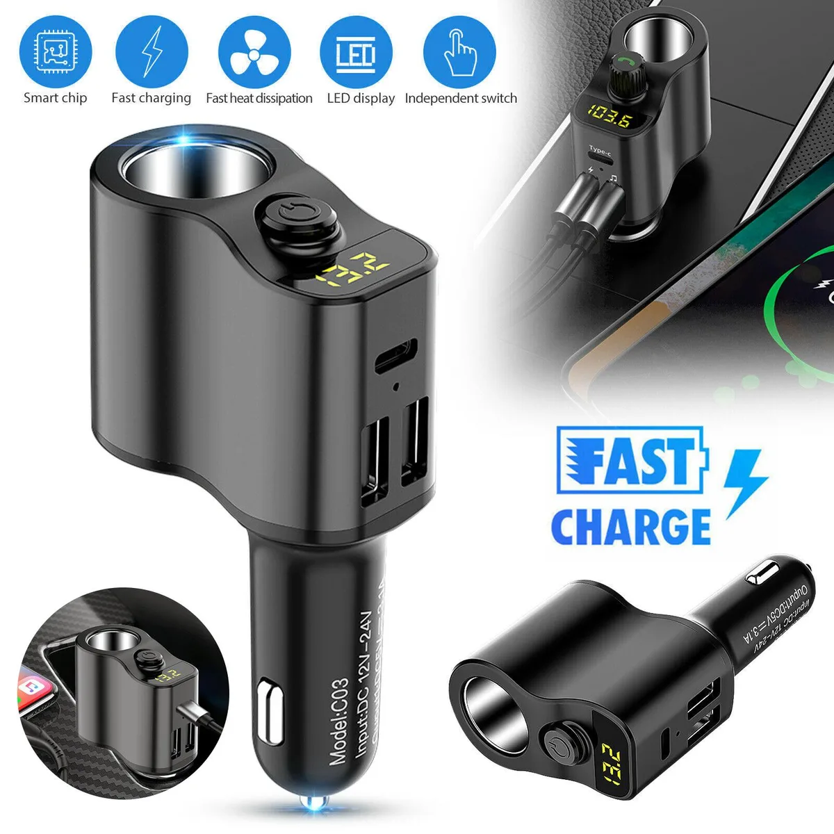 NSI NSI Cigarette Lighter Splitter 2 USB + PD 3.1A 12V/24V Voltage Display — product photo
