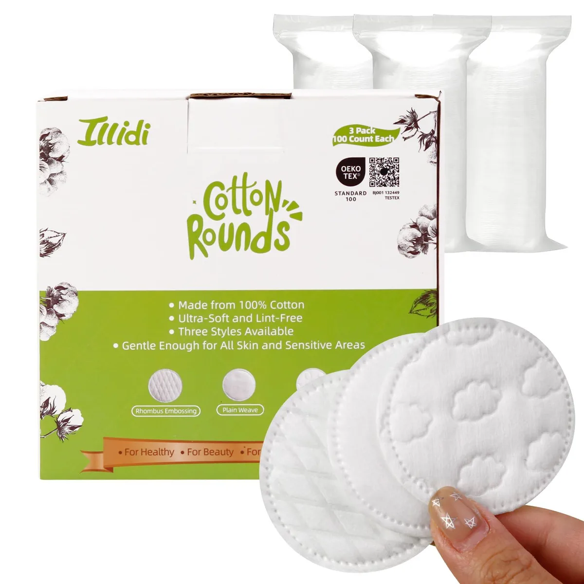 White embossed cotton rounds in a storage box