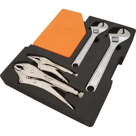 Open black and orange foam tray holding hex keys adjustable wrenches and locking pliers