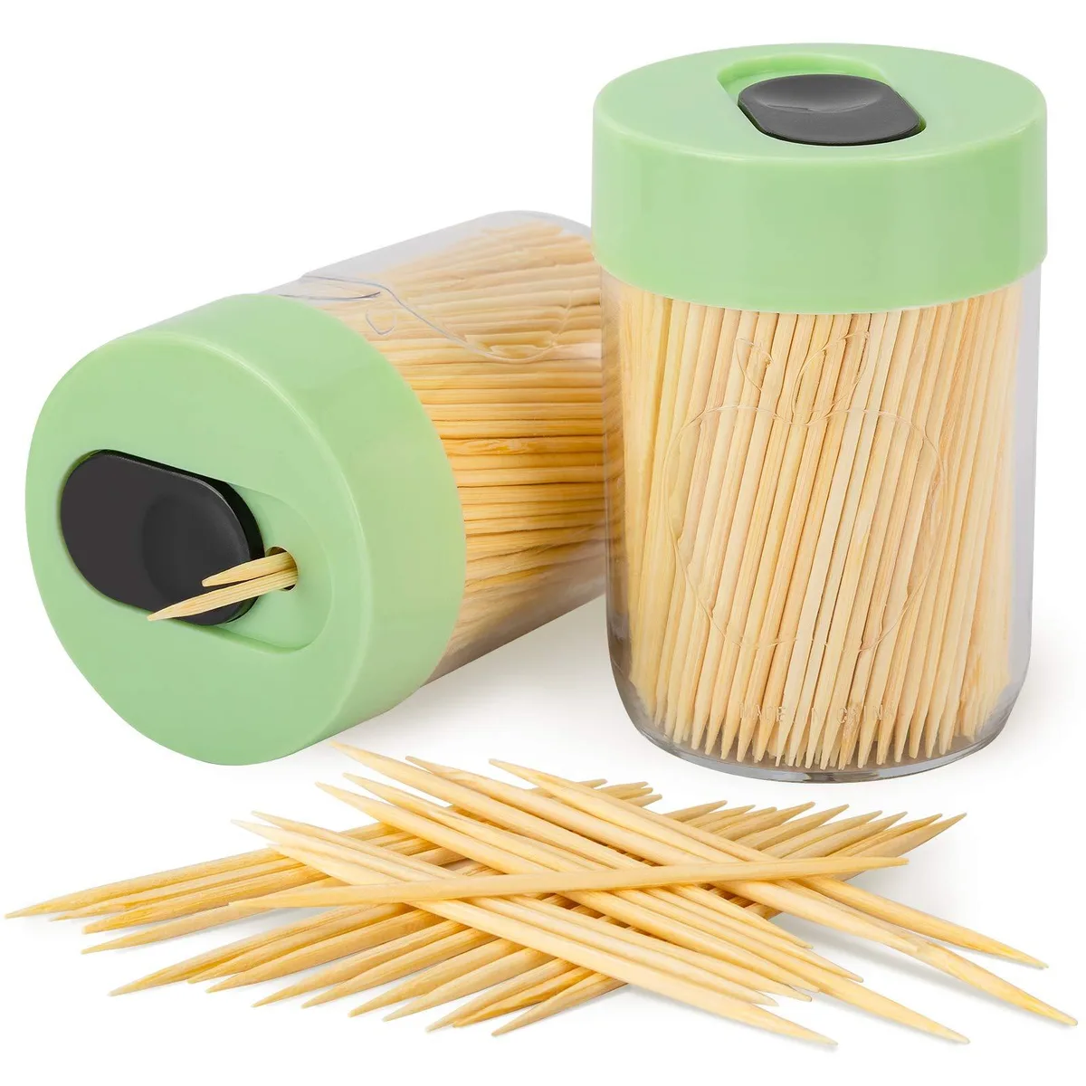 Red silicone food storage set with two clear toothpick dispensers and 800 natural wood toothpicks