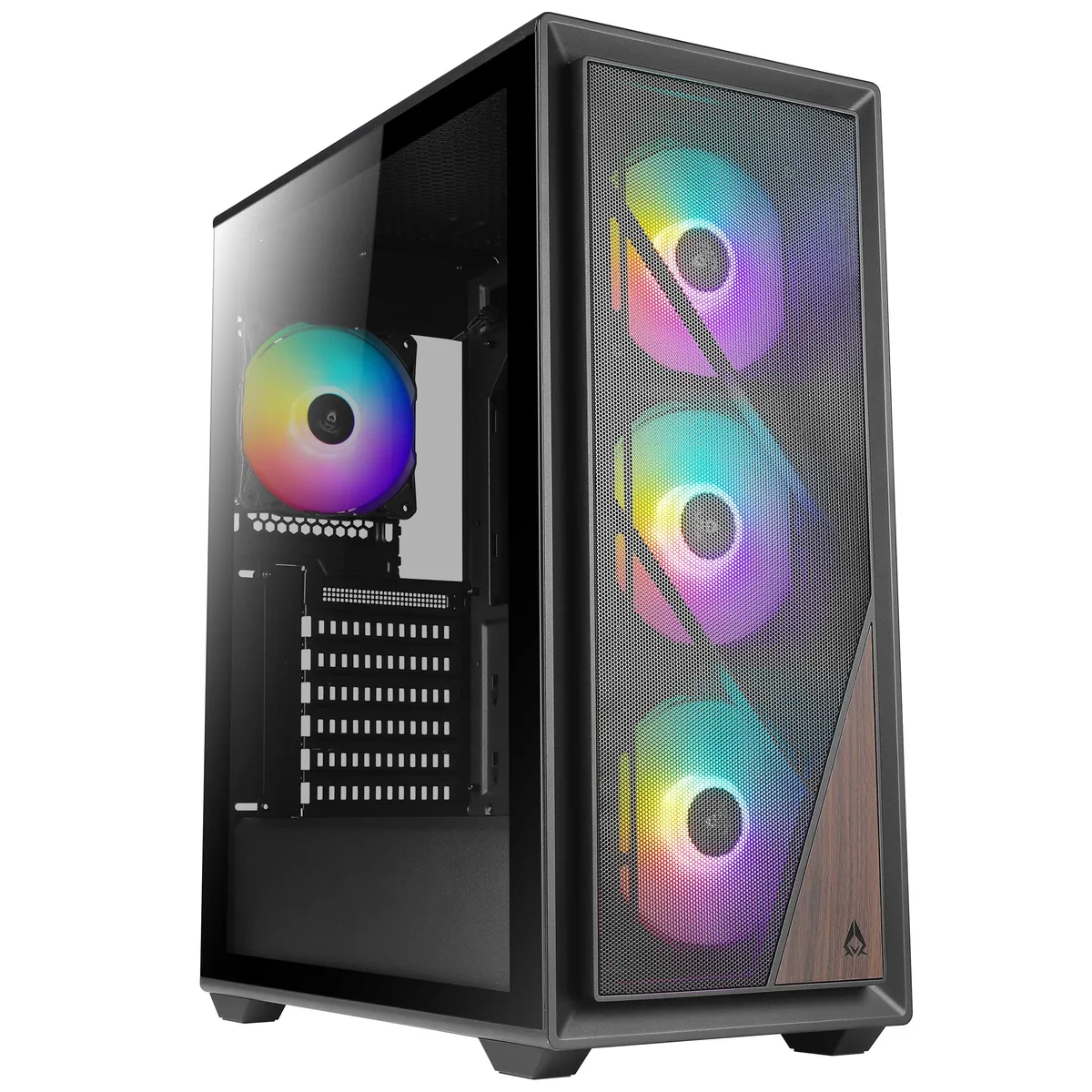 Black ATX mid-tower case with wood-grain corner accents, mesh front panel and sliding tempered glass side panel