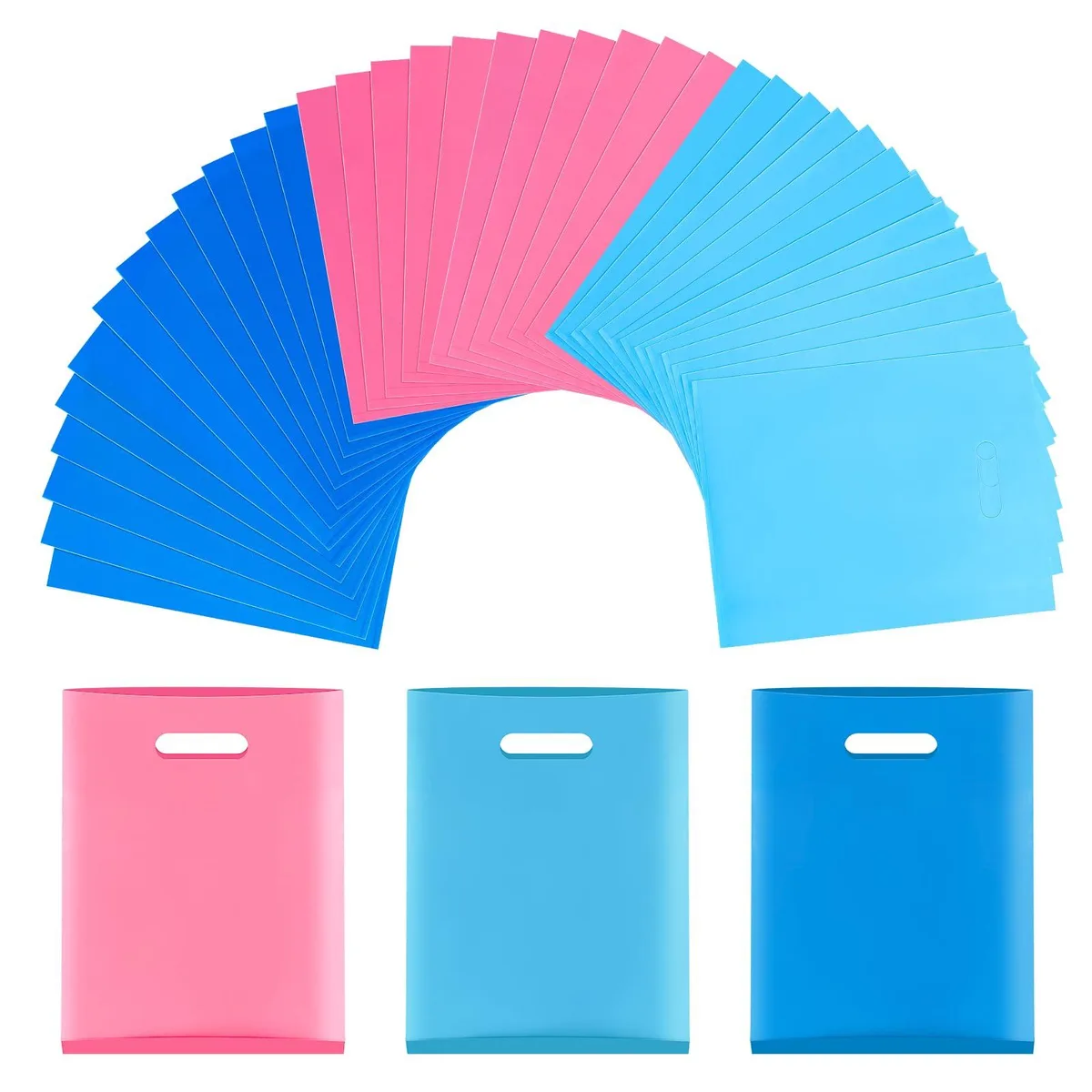 Glossy plastic shopping bags in pink, sky blue, and dark blue with die-cut handles