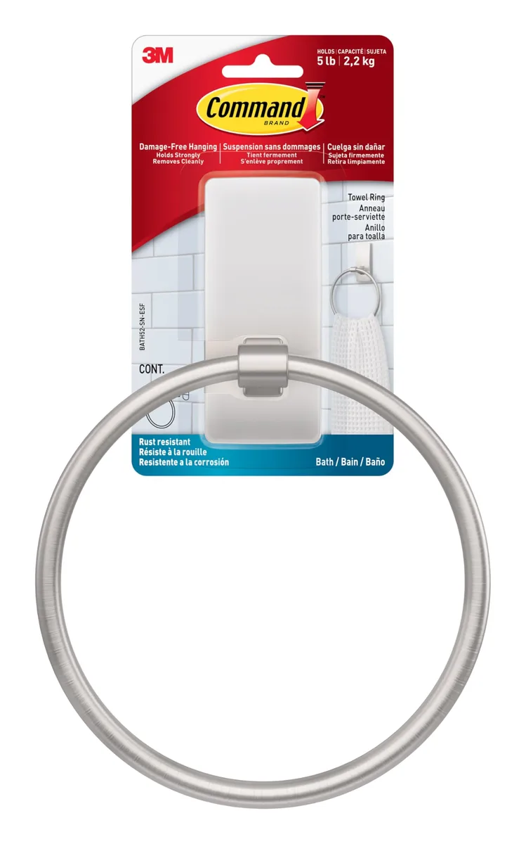 Satin nickel towel ring with adhesive strips