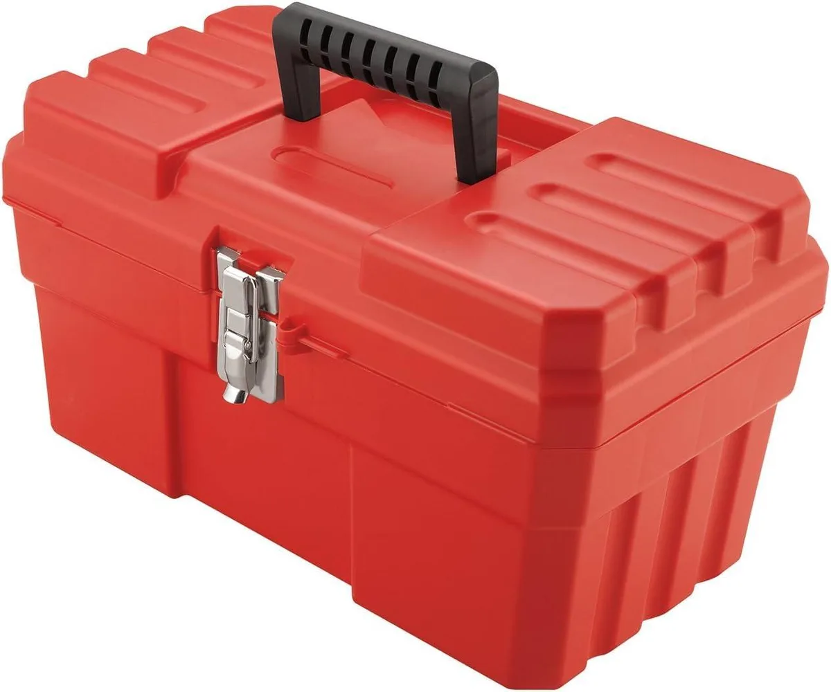 Red plastic toolbox with removable tray and steel latch, 14 by 8.1 by 8.1 inches