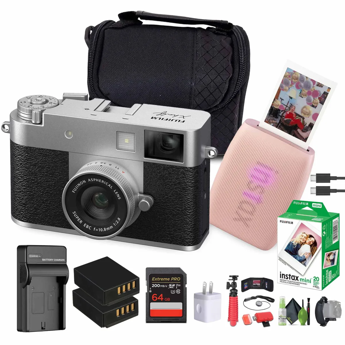 FUJIFILM FUJIFILM X half Camera Kit (Silver) with INSTAX MINI LINK 3 Printer (Rose Pink) — product photo