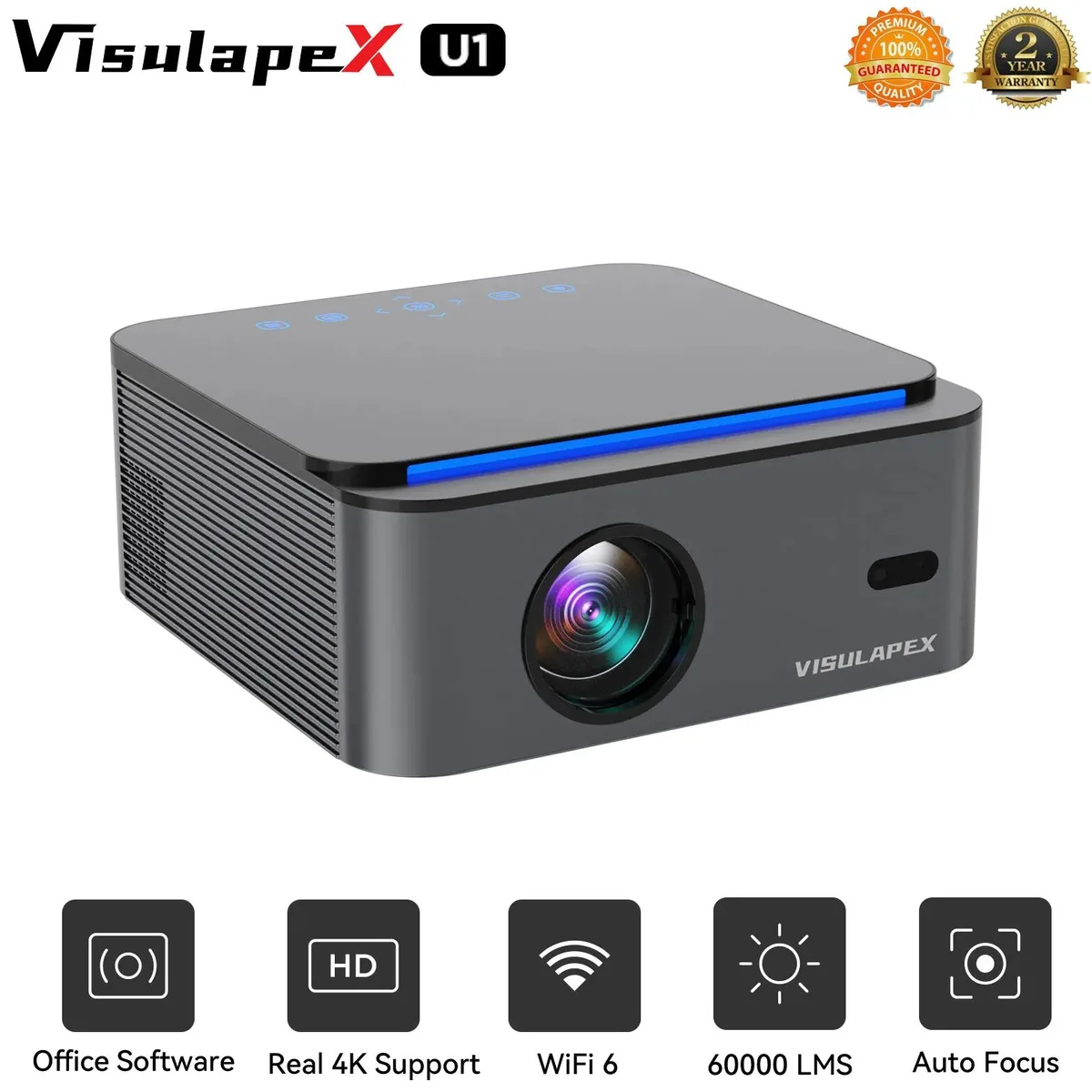 White rectangular business projector with front lens and top control panel