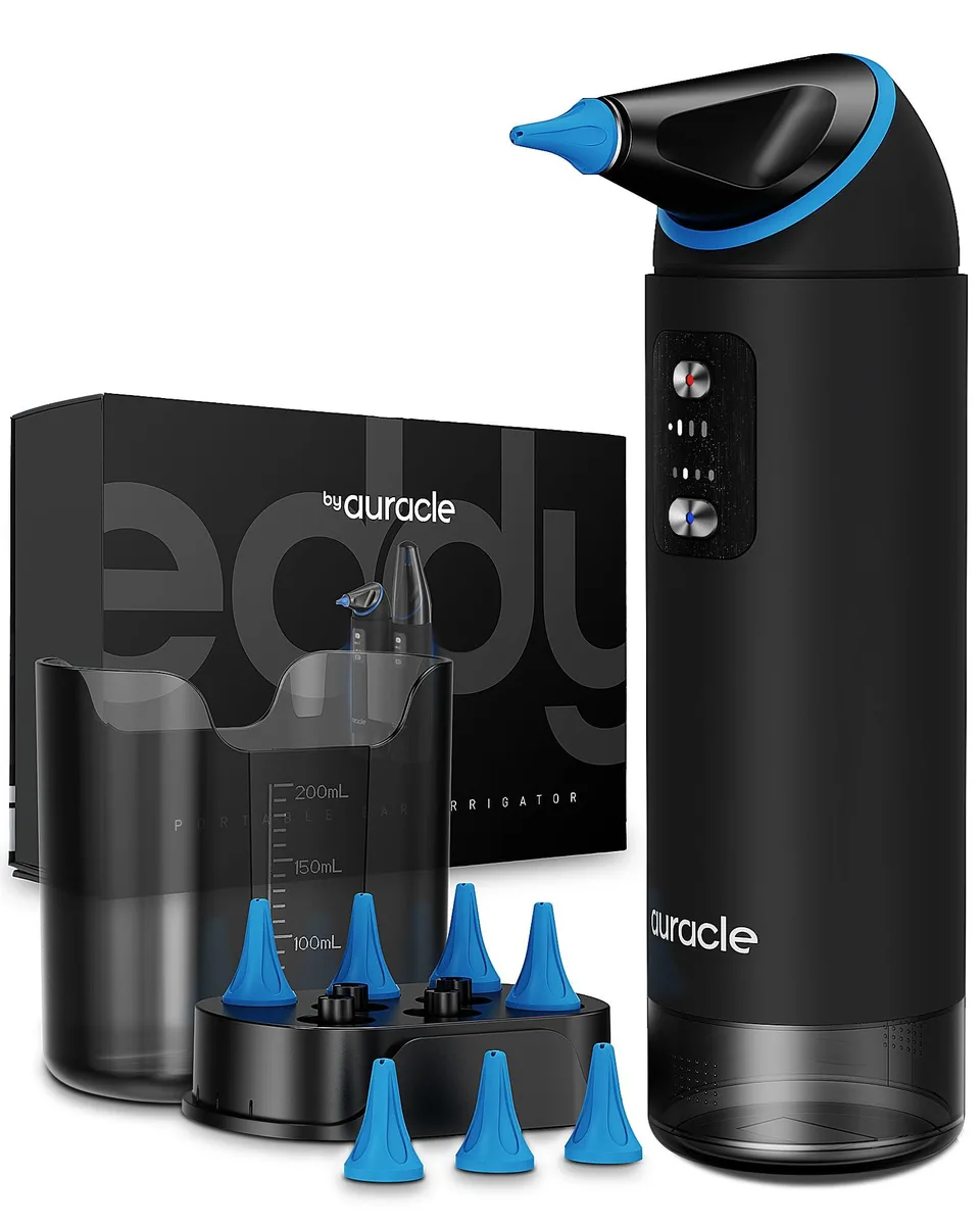 Blue electric ear irrigator with rotatable nozzle and silicone tips