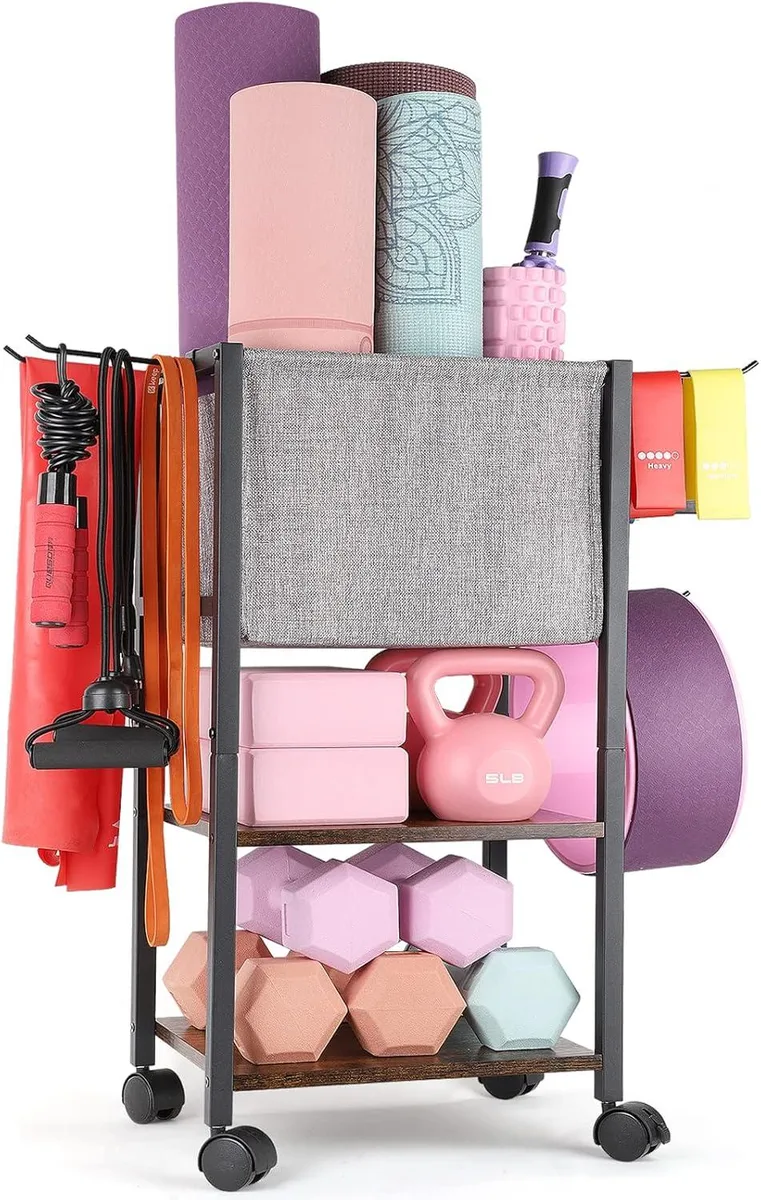 Freestanding gym organiser with fabric basket, MDF shelves, steel frame and hooks