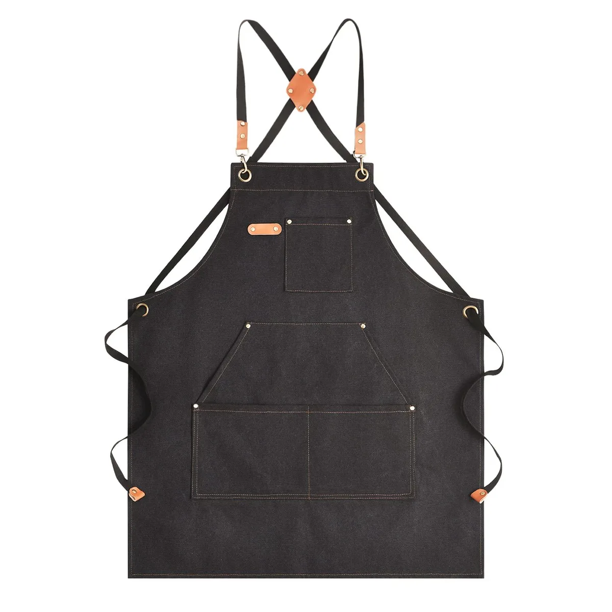 Black 16oz canvas apron, cross-back straps, large front pockets, 27 by 32 inches