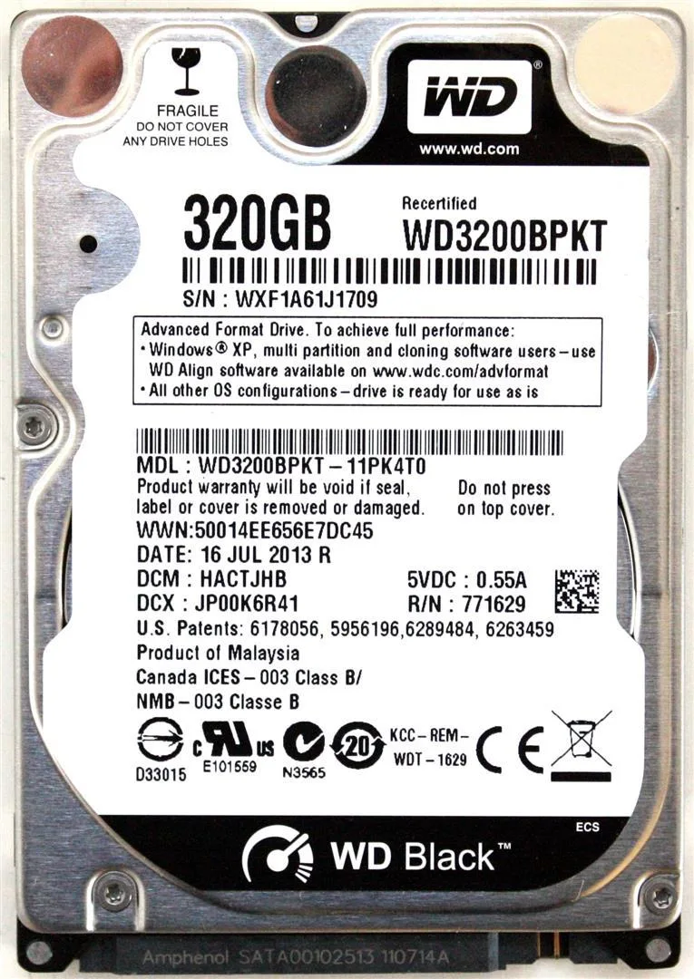 Western Digital Western Digital WD BLACK 320GB 2.5'' HDD WD3200BPKT 16JUL2013 R HACTJAB Hard Drive Adapter — product photo