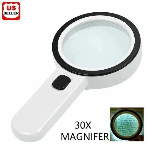White handheld magnifier with large 80mm lens and 12 LED lights
