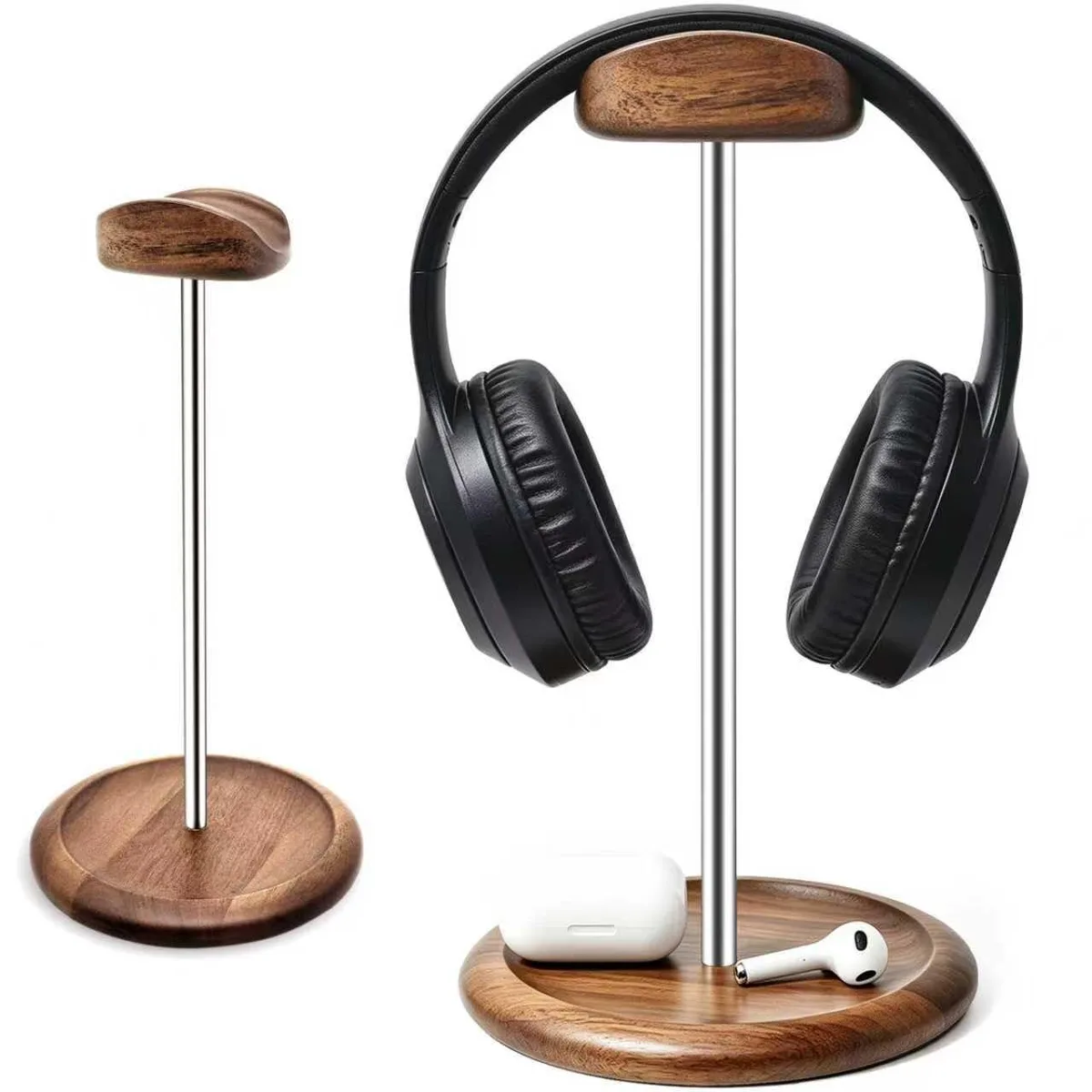 Headset stand with walnut base and black stainless steel cradle, shallow tray on base