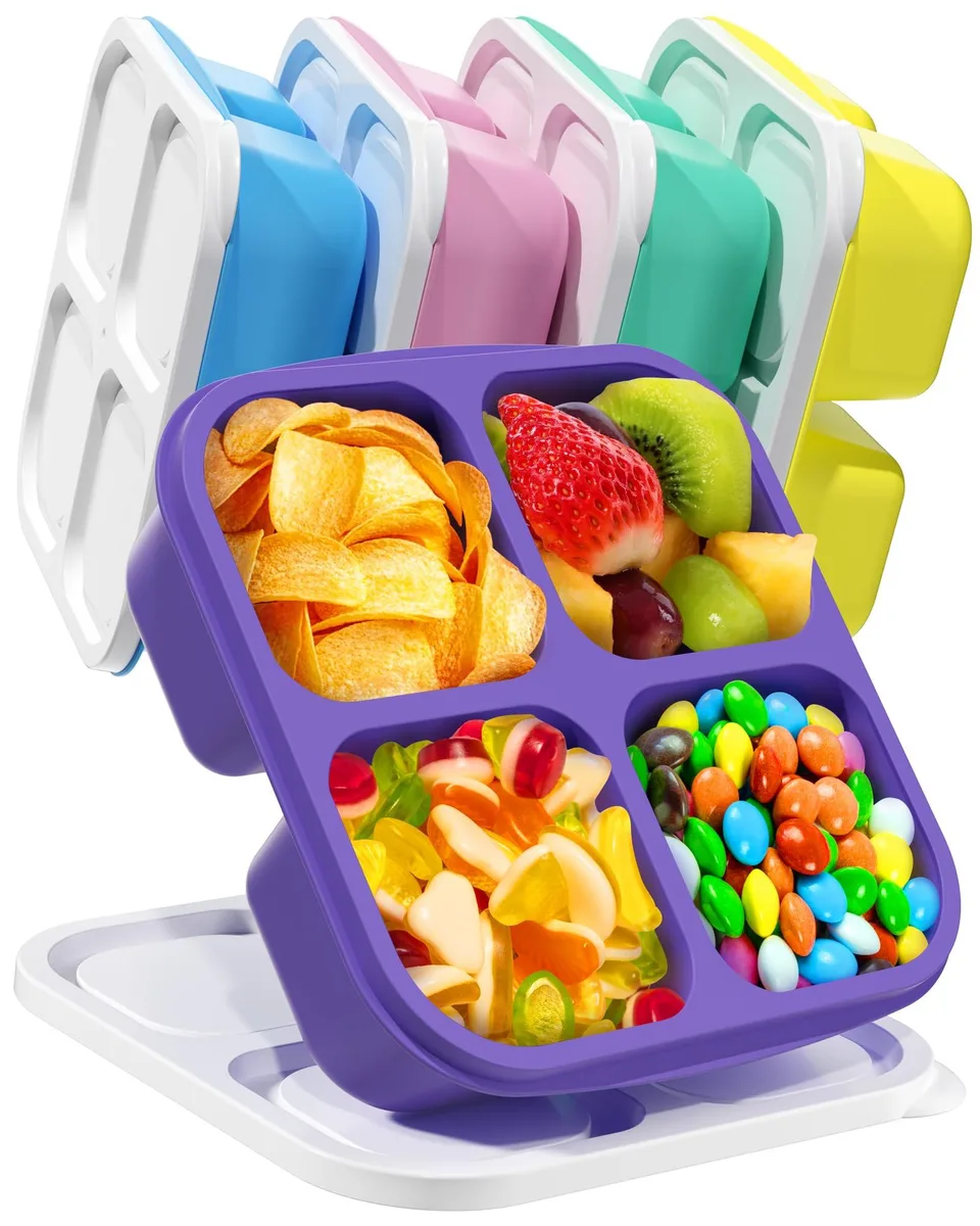 Five white four-compartment food containers with lids