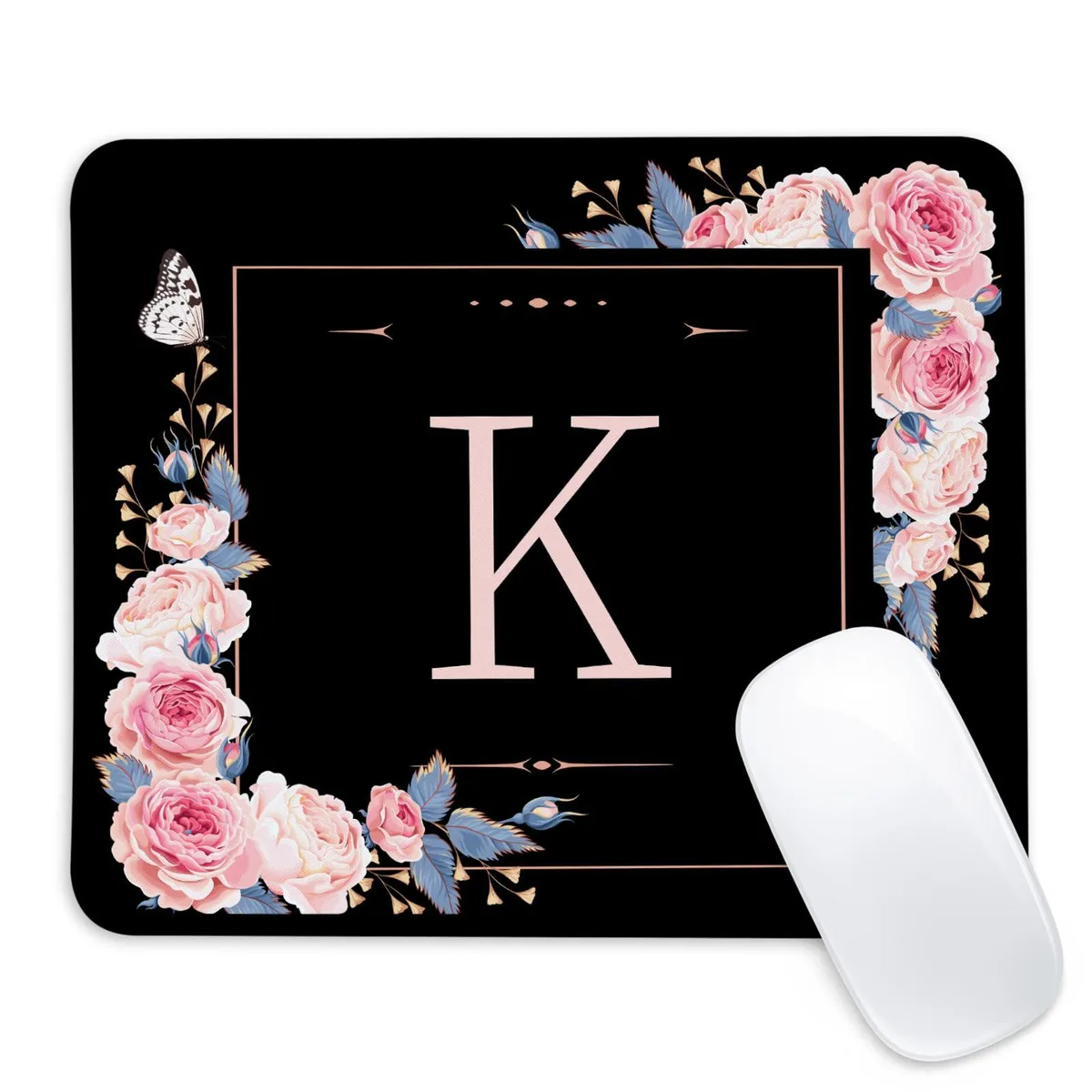  Adastrah Letter K Black and Pink Flowers Square Mouse Pad 9.4x7.8 inch — product photo