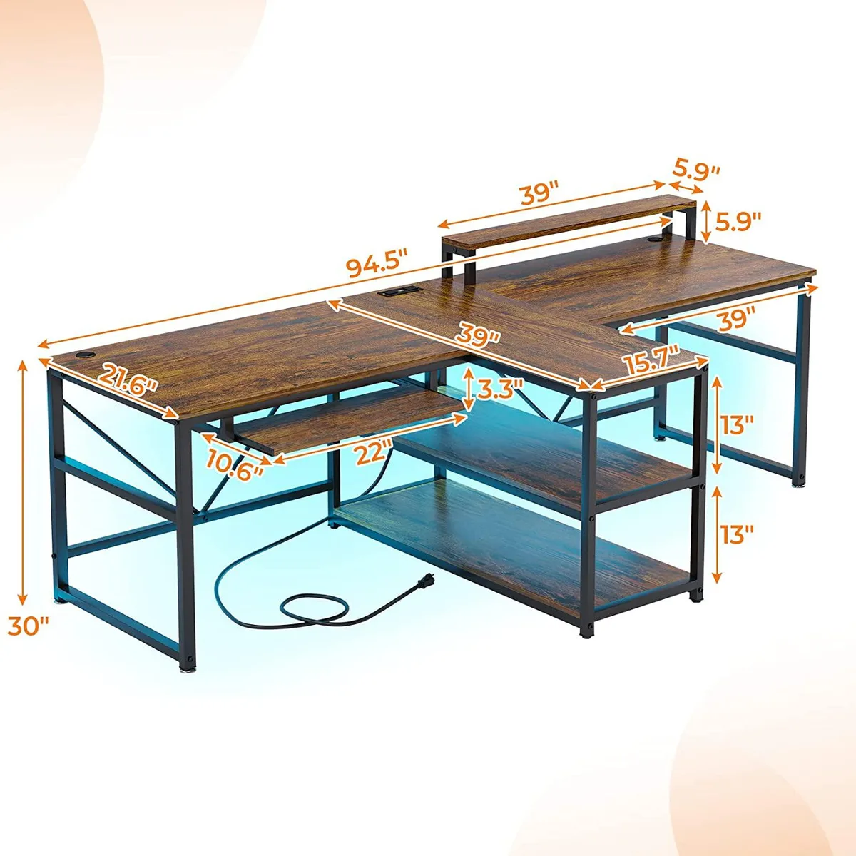 ENVEL ENVEL 94.5" Double Desk with LED Lights, Power Strip, Keyboard Tray &amp; Monitor Stand, Rustic Brown — product photo