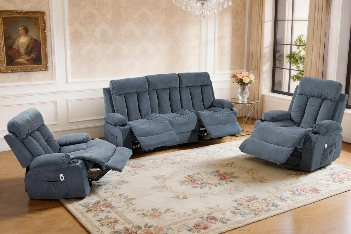 VANBOW VANBOW Manual Recliner Sofa Set 3 Piece Blue Sofa+Chair+Chair — product photo