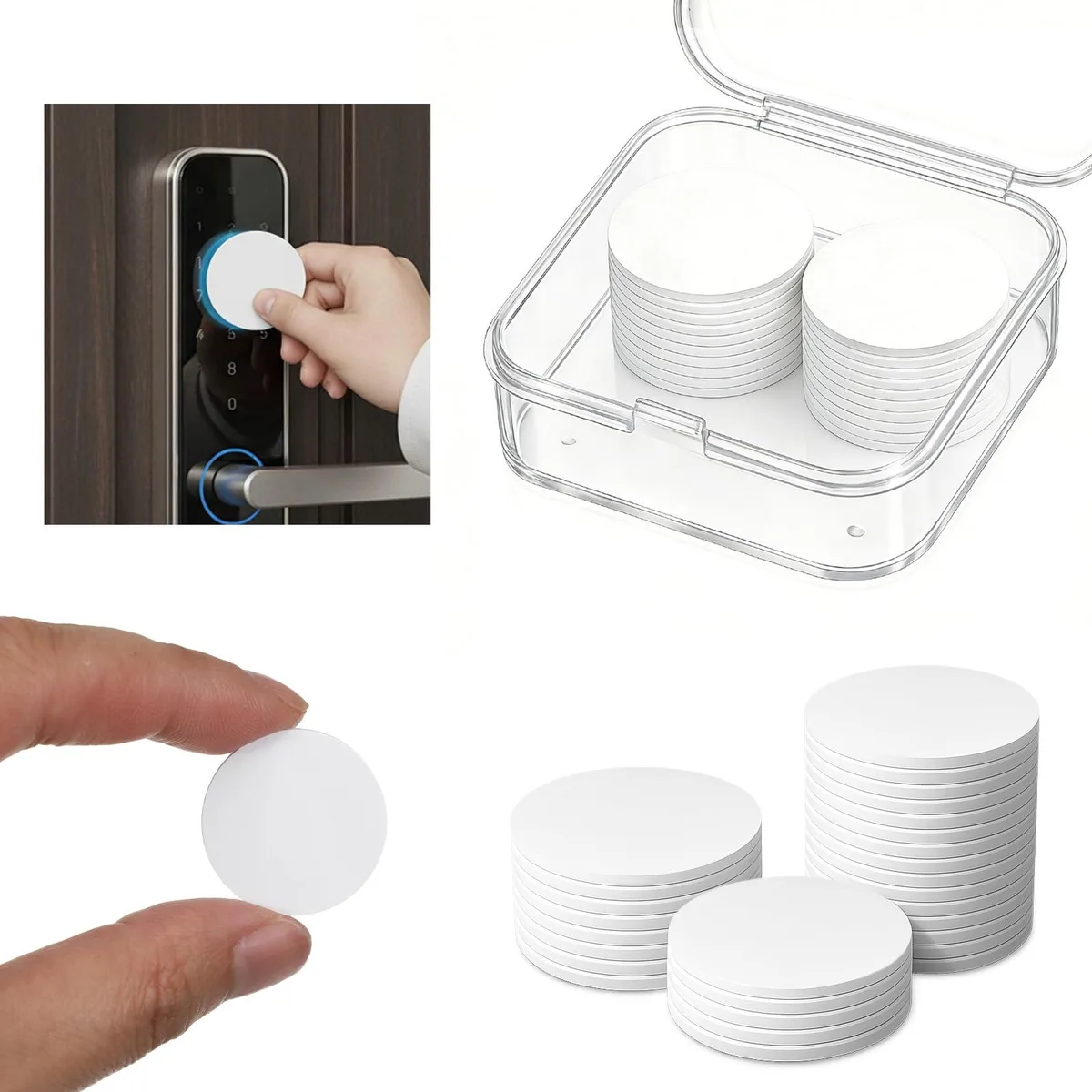 White 25mm round PVC tags with adhesive back, 50 pieces