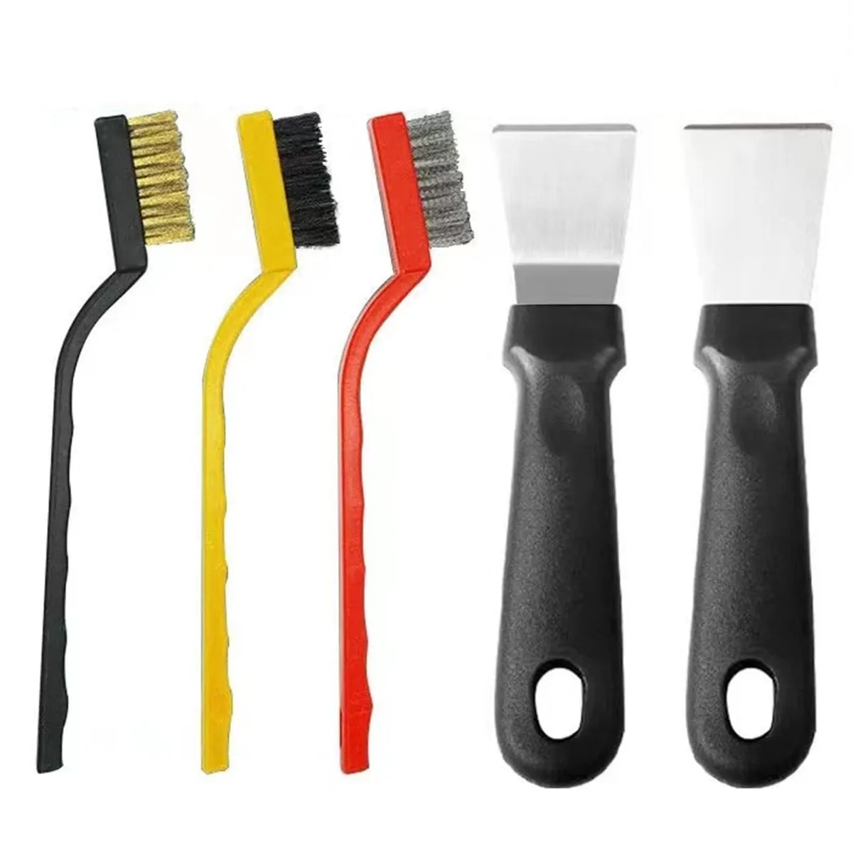 Black cleaning kit with two scrapers and three brushes