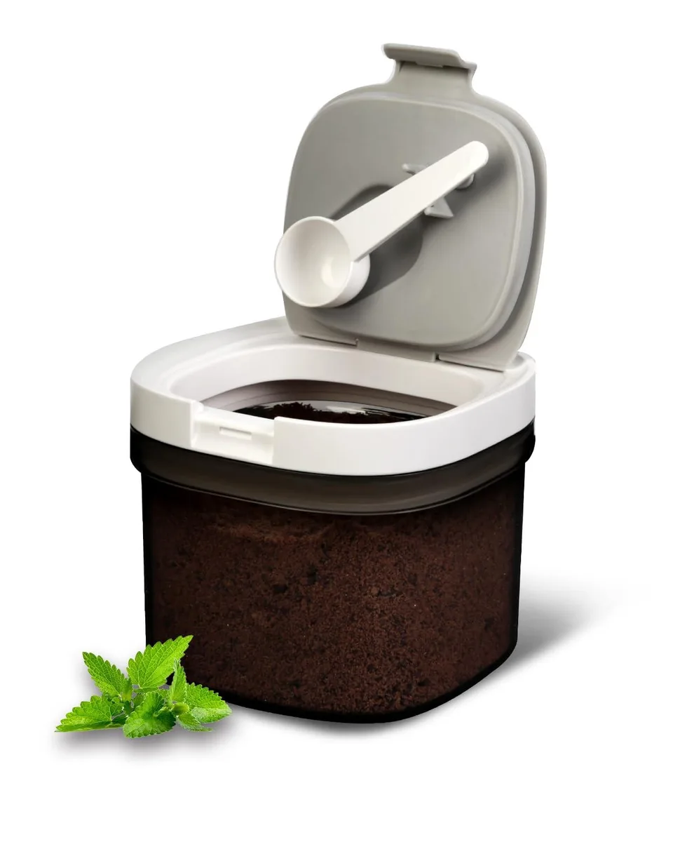 Gray square airtight coffee canister with magnetic scoop, 3 by 4 by 2 inches